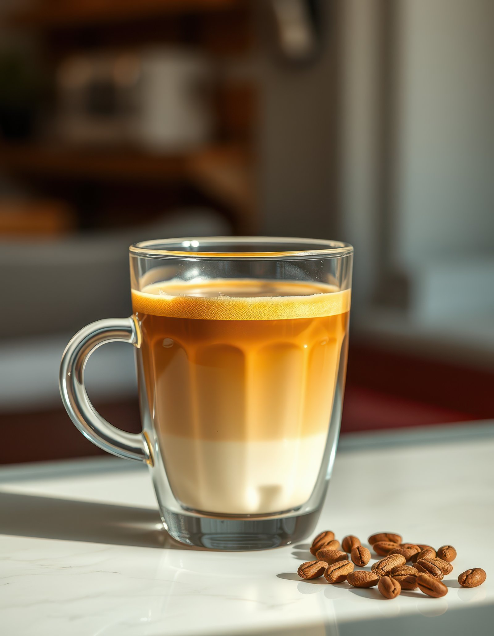 Enjoying a beautifully layered coffee in a cozy cafe setting during the afternoon